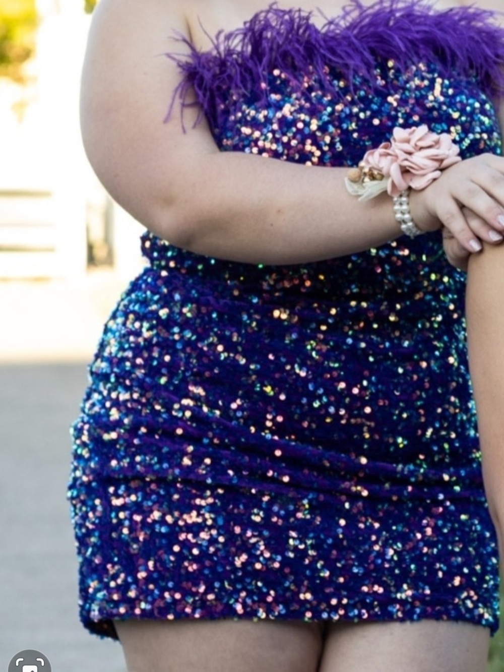 Feather-Trim Purple Sequin Mini Dress
